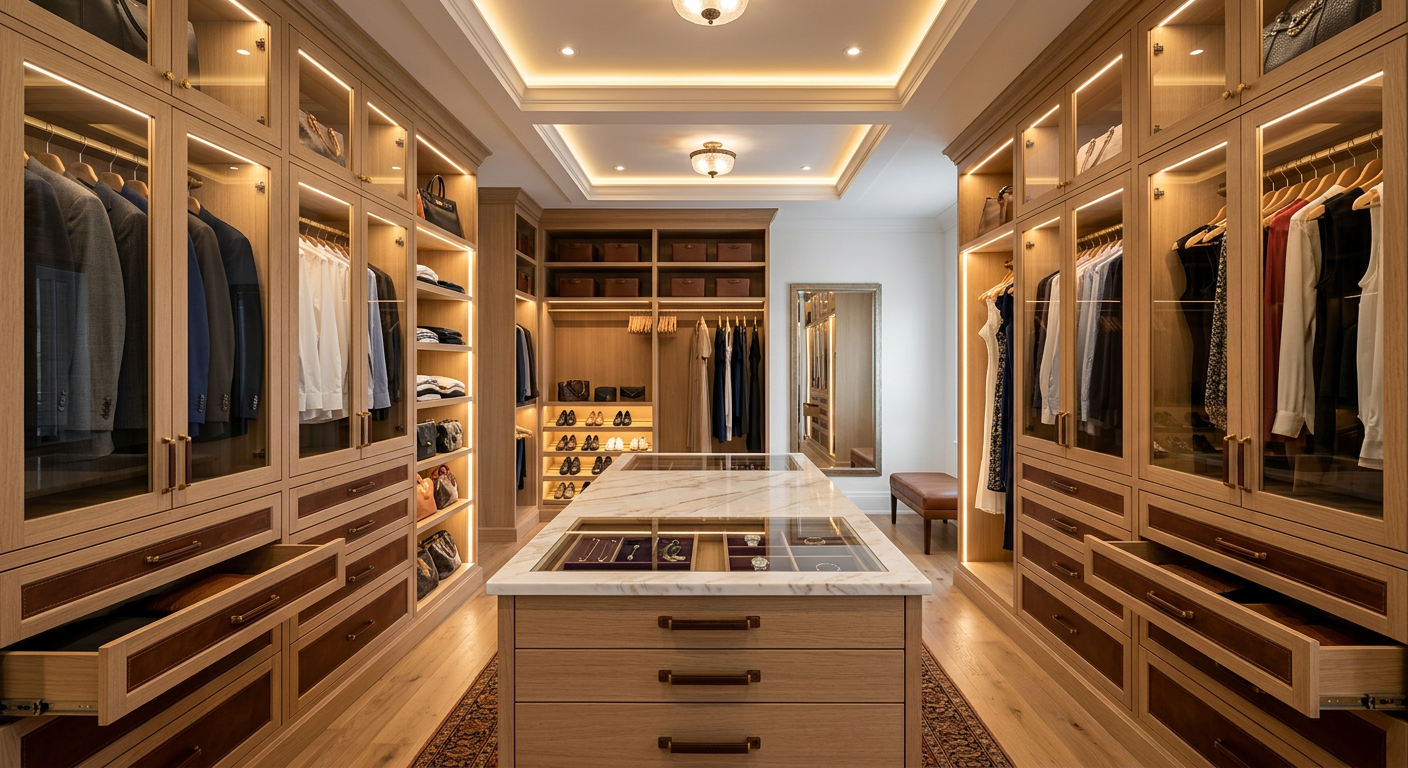Luxury custom walk-in closet with walnut cabinetry, center island and integrated lighting