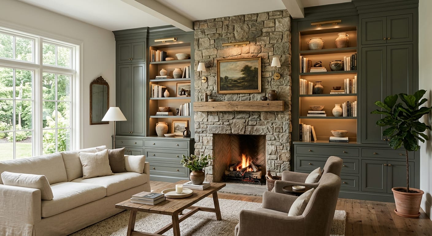 Painted sage built-in bookcases and lower cabinets flanking a stone fireplace in a living room
