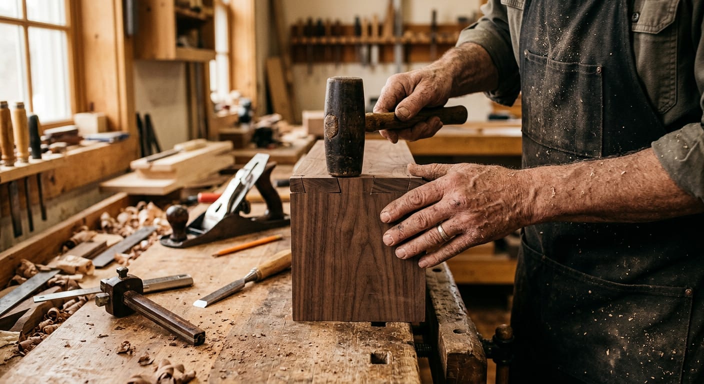 Cabinet maker fitting a hand-cut walnut joint at a wood workbench with hand planes and chisels