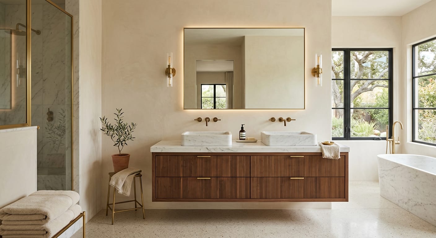 Floating walnut double bathroom vanity with stone vessel sinks and brass wall faucets