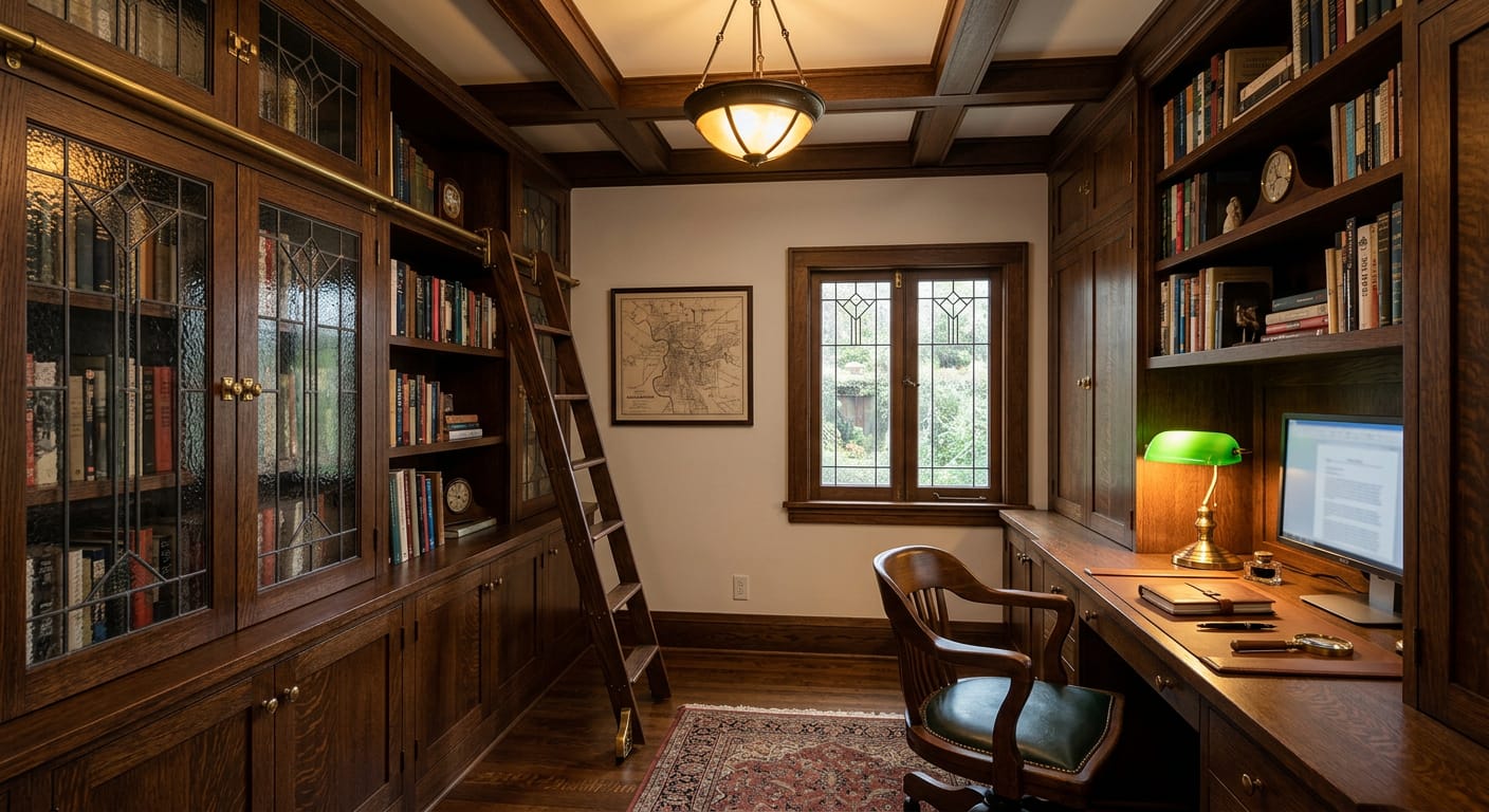Home library with stained wood built-in bookshelves, leaded glass doors, rolling ladder and desk