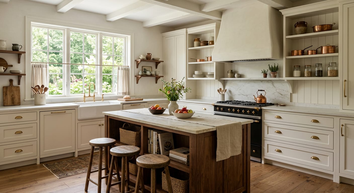 Farmhouse kitchen with cream painted cabinets, plaster range hood and stained wood island