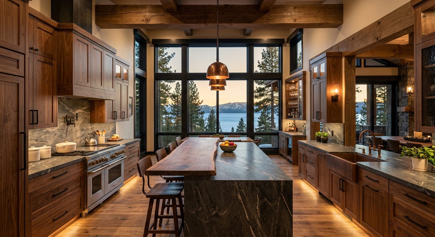 Lake home kitchen with walnut custom cabinets, live-edge island and floor-to-ceiling windows overlooking the water