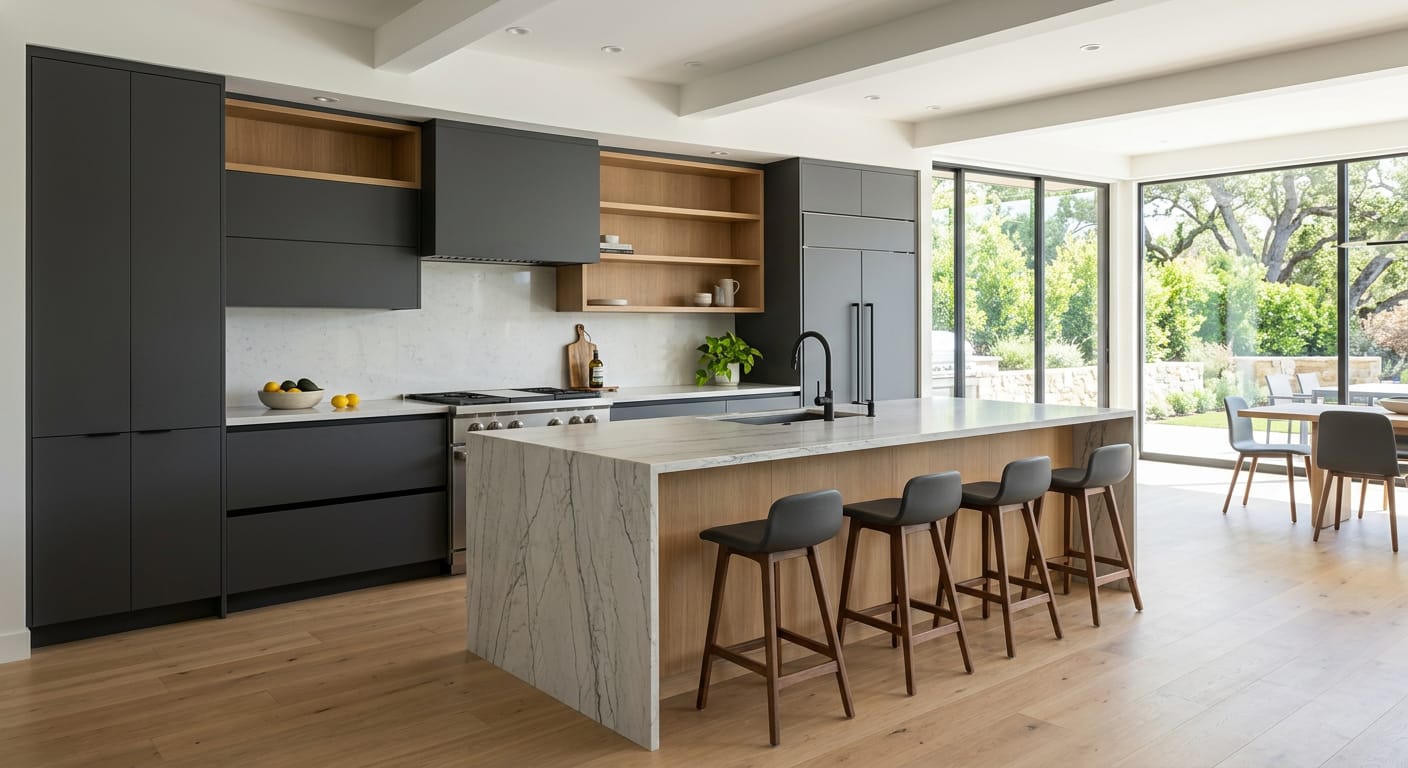 Two-tone modern kitchen with charcoal cabinets, oak open shelving and marble waterfall island