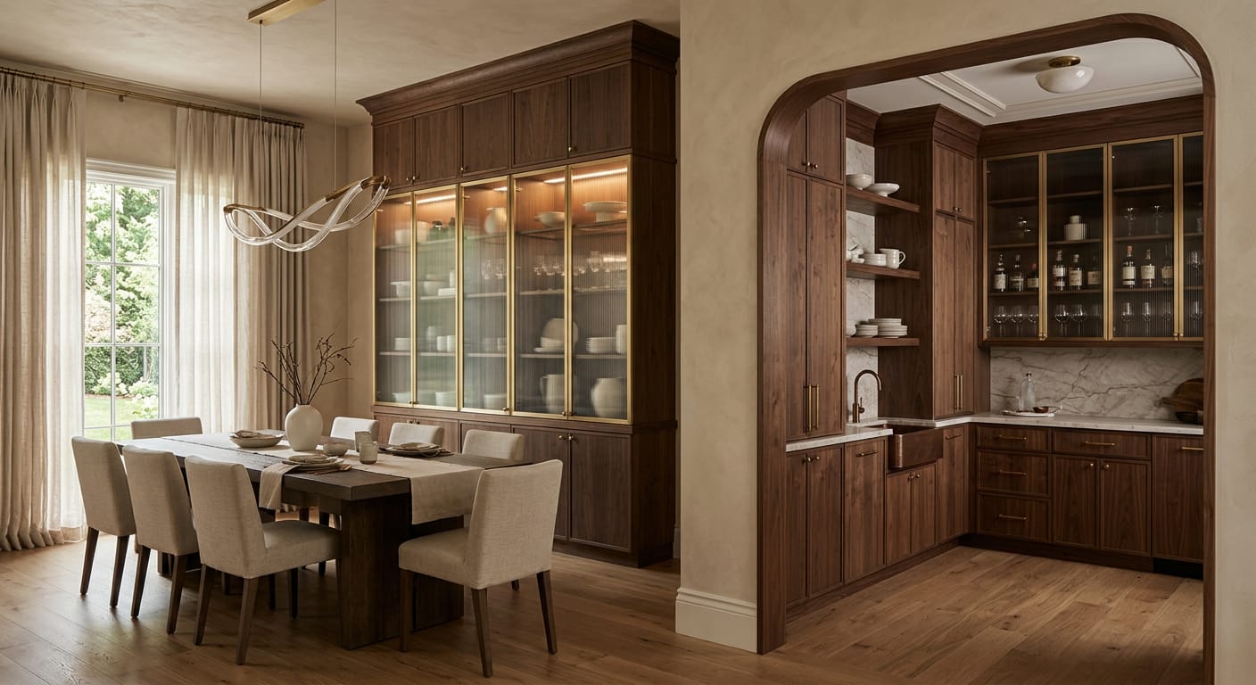 Walnut glass-front china cabinet and butler pantry built-ins beside a dining room