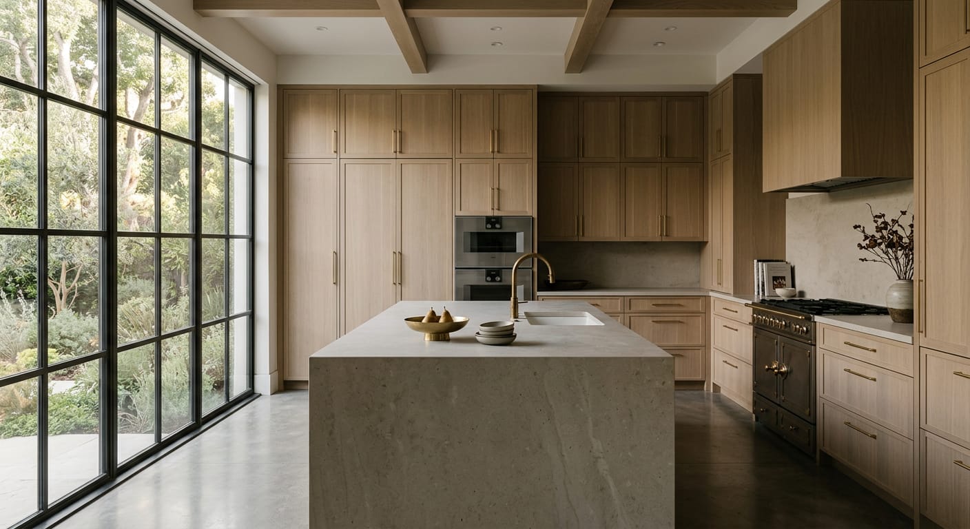 Minimalist white oak slab kitchen cabinets with stone island and black steel windows